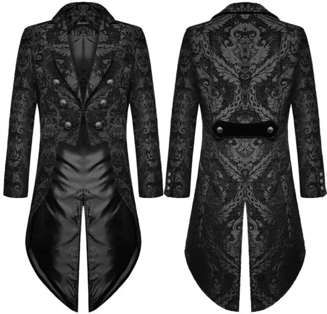 Fashion Mens Gothic Steampunk Tailcoat Jacket Black Brocade Damask Wedding