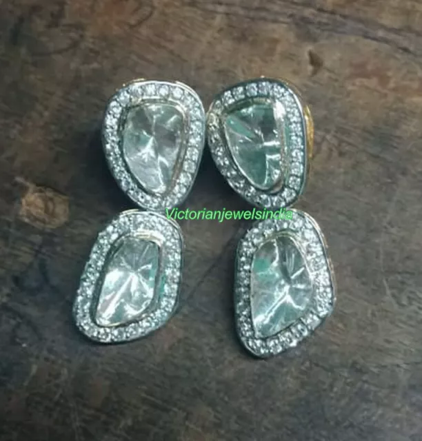 Naturel Polki avec Pavé Diamant Boucles D'Oreilles 925 Argent Cadeau Mariage