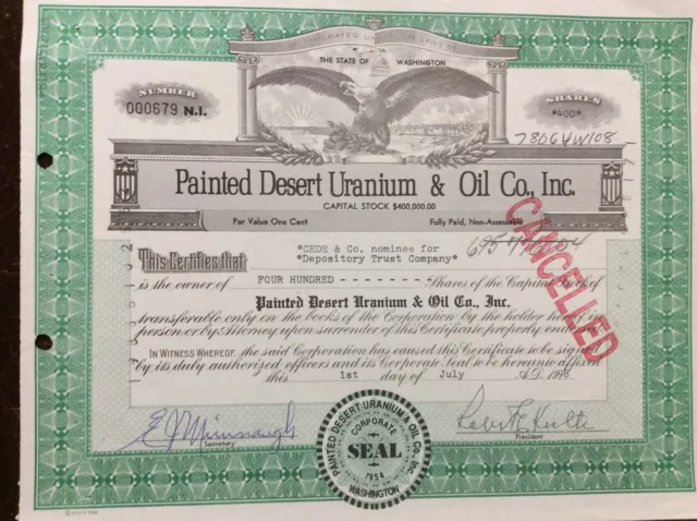 Painted Desert Uranium & Oil Co.,Inc. Stock Certificate