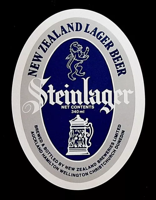 New Zealand Breweries  STEINLAGER  oval beer label Auckland NEW ZEALAND 340ml