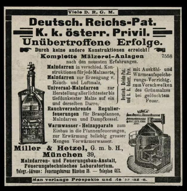 Alte Reklame Werbung 1904 Komplette Mälzerei-Anlagen Miller & Hetzel München