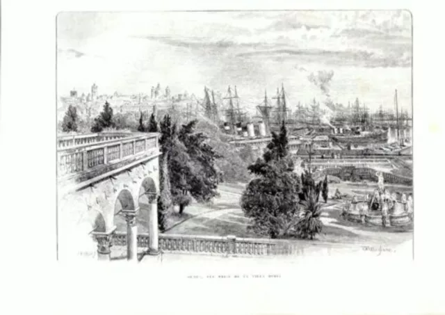19th GENES WOODCUT VIEW TAKEN FROM VILLA DORIA ITALY
