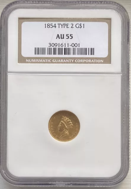 1854 $1 Indian Princess Gold Dollar - Type 2  - NGC AU55