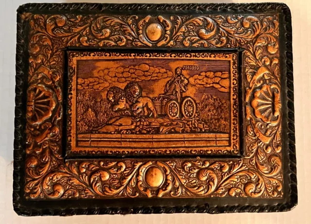 Hand Tooled Embossed Leather Covered Wooden Box For Cigars and Cigarettes