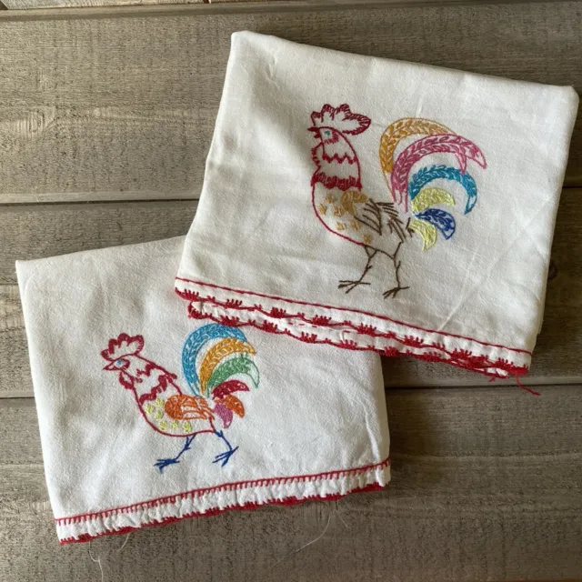 Vintage Flour Sack Hand Embroidered Chicken Rooster Tea Dish Towels Set/2