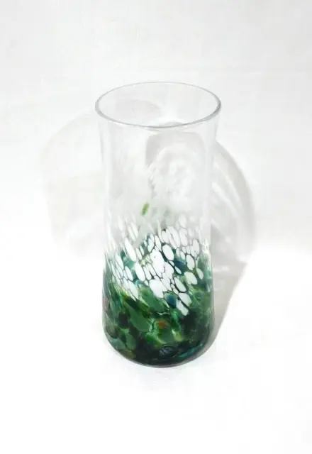 Large Hand Blown Green White Confetti Splatter Millefiori Glass Vase 9.5in Tall
