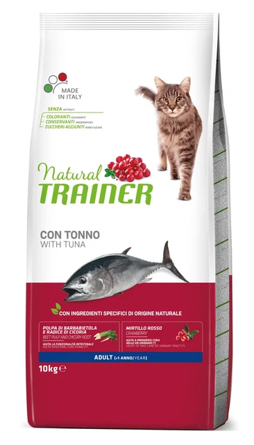 10 Kg Natural Trainer Cibo Secco Adult con tonno per Gatto Croccantini