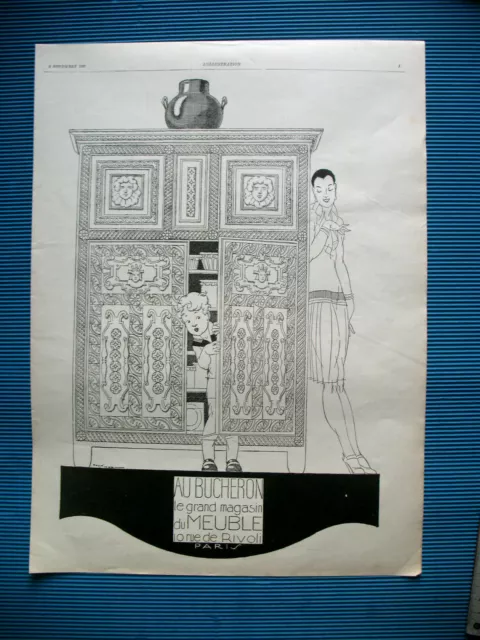 PUBLICITE DE PRESSE AU BUCHERON MAGASIN MOBILIER ILLUSTRATION RENé VINCENT 1927