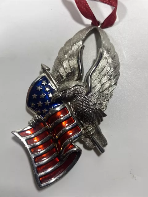 Gorham Silvertone American Bald Eagle Flag Patriotic Christmas Ornament 4" x 2"