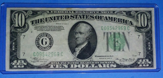 1934 A $10 ~Frn G~Chicago ,Green Seal, Vf. Fairly Crisp ! Old Us Currency! Nice!