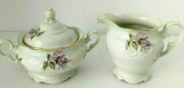 vintage creamer & sugar set Walbrzych china  pink and purple Roses gold trim