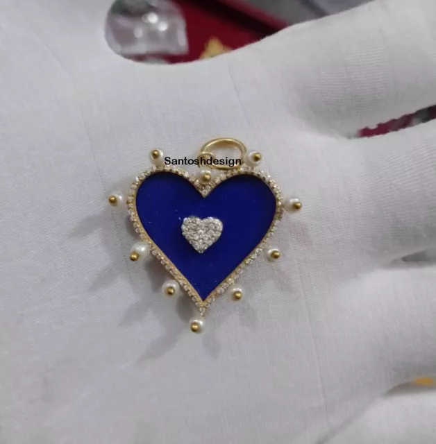 Beautiful Heart Lapis Lazuli Diamond Pearl Sterling Silver Charm Pendant Jewelry