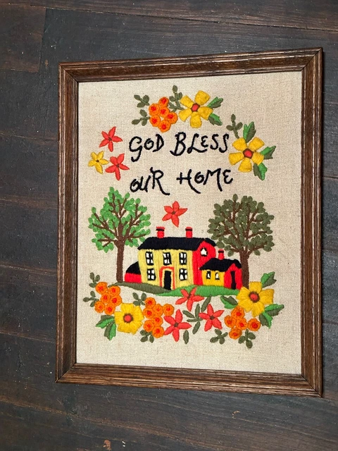 Bordado vintage God Bless Our Home crewel enmarcado acabado