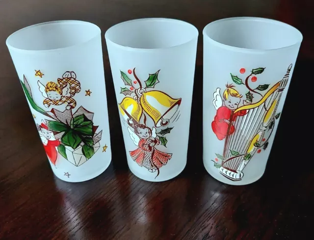 Gay Fad Christmas Angels 3 Drinking Glasses Tumblers 1950’s GUC #O1