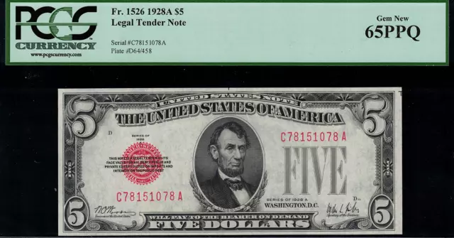 1928A $5 Legal Tender FR-1526 - Graded PCGS 65PPQ - Gem Uncirculated