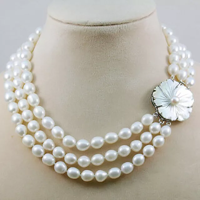 3 Rows 7-8mm Natural White Freshwater Cultured Baroque Pearl Necklace 17-19"