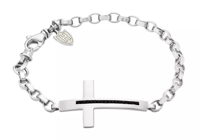 Hoxton Hommes Argent Sterling Pierre Noir Zircone Croix Bracelet