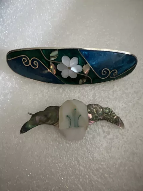 Vintage Alpaca Mexico Sterling Silver Mother Of Pearl Abalone Shell Barrette (2)