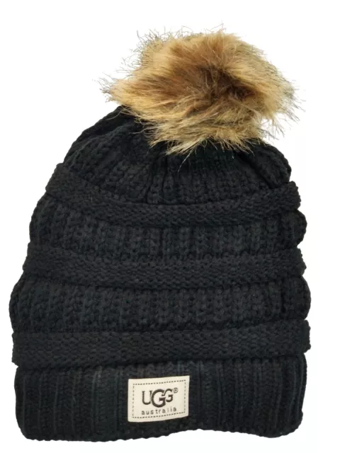 Ugg Knit Ribbed Cable Beanie Hat Faux Fur Pom Fleece Lined Black