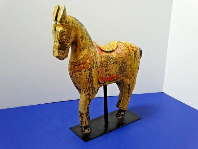Chippy Wood Folk Art Carved & Hand Painted Horse on Metal Stand Sculpture ~13x11