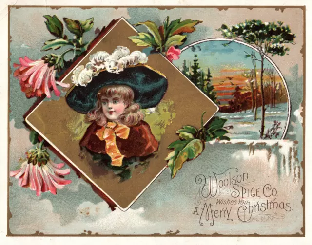 1800’s  VICTORIAN TRADE CARD WOOLSON SPICE LION COFFEE Christmas Greetings