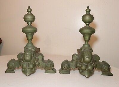 pair of 2 antique ornate Victorian nude lady brass cast iron fireplace andirons