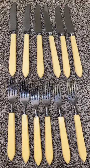 Lot of 12 Vintage Lamson Goodnow Stainless Flatware Knives & Forks Cream Handle