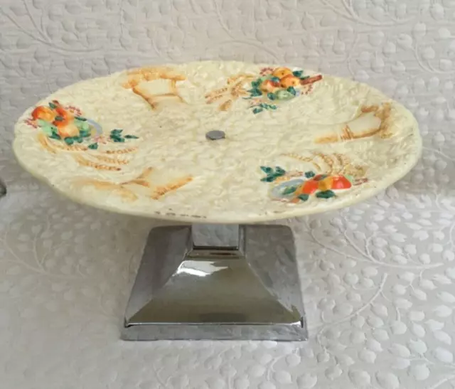 Clarice Cliff Art Deco Cake Plate on Chrome Pedestal - Celtic Harvest