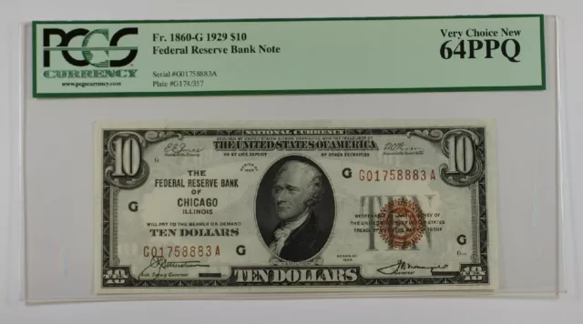 1929 $10 Ten Dollar Chicago FRBN Note PCGS Very Choice New 64 PPQ Fr. 1860-G