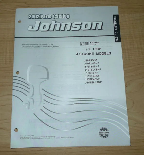 Johnson Outboard  2002 Parts Catalog  9.9, 15 HP 4 Stroke Models Free Shipping