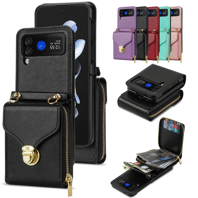 For Samsung Galaxy Z Flip3/Flip4 Leather Back Card Pocket Crossbody Strap Case