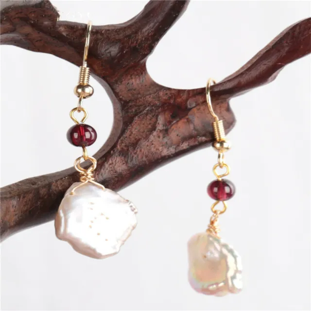 Natural white Baroque Pearl Earring Garnet beads lady gift Flawless Real AAA