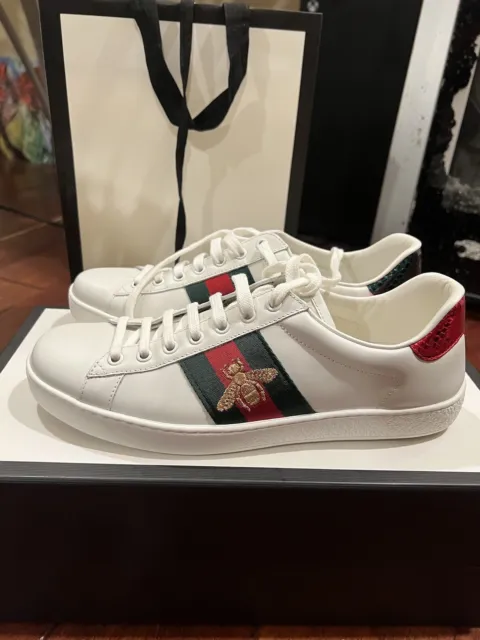 Gucci Auth Men 7 US White Leather Web Bee Ace Low Sneakers Shoes