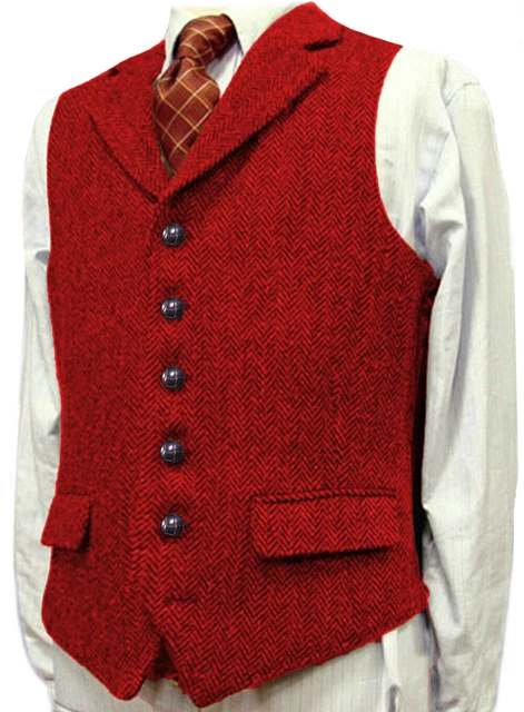 Mens Tweed Waistcoats Vintage Hunting Wedding Fishing Herringbone Vest 44 46 48