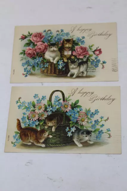 2 Early 1900's Germany Embossed Kitten Cat Birthday Postcards