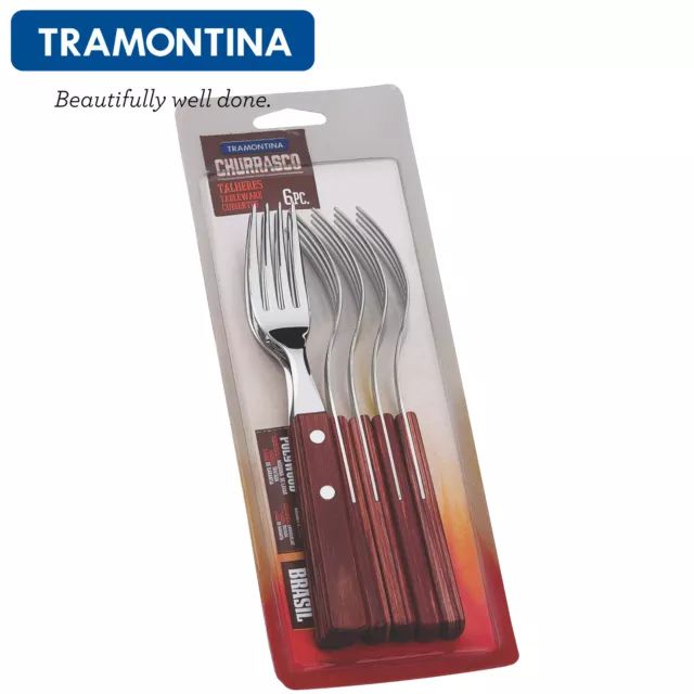 TRAMONTINA ® Steak Küchengabel 6 tlg. Set Pizza Grill Besteck Churrasco FSC Holz
