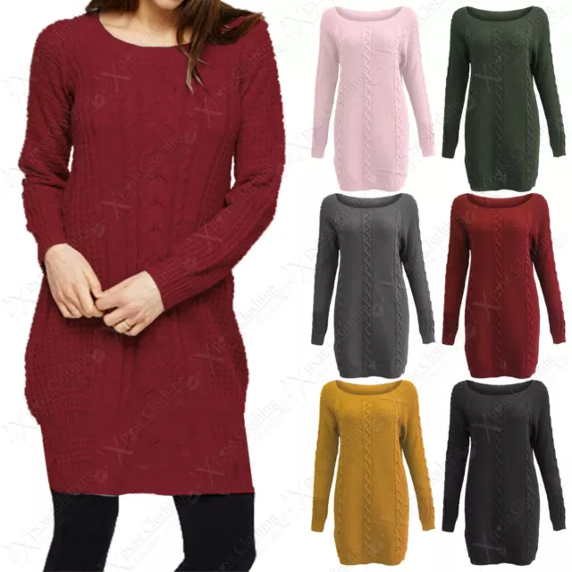 Robe Pull Femme Chaude Hiver Manches Longues En Tricot Câble Épais 8-14