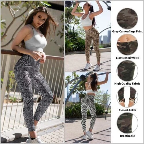 Donna Lunghezza Intera Morbido Elasticizzato Stampato Leggings Palestra SPORTS