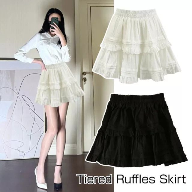 Women Tiered Ruffles Skirt Tutu Layered High Waist Pleated Mini Petticoat