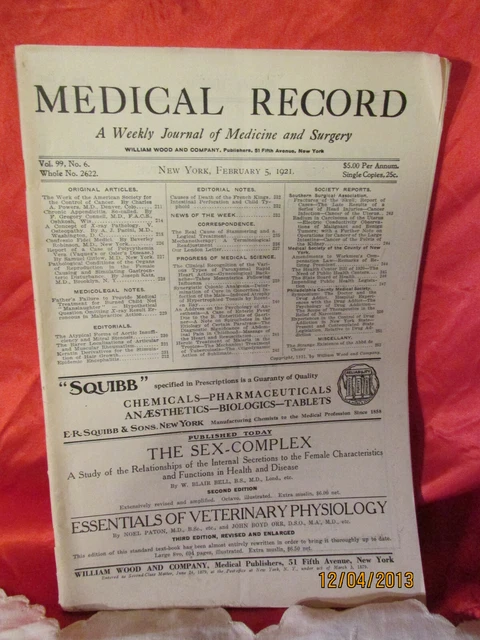 1921 Medical Record A Weekly Journal Of Medicine & Surgery William Wood Vol 99