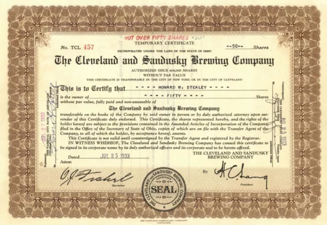 Cleveland and Sandusky Brewing Co. - 1933 dated Ohio Brewery Stock Certificate -