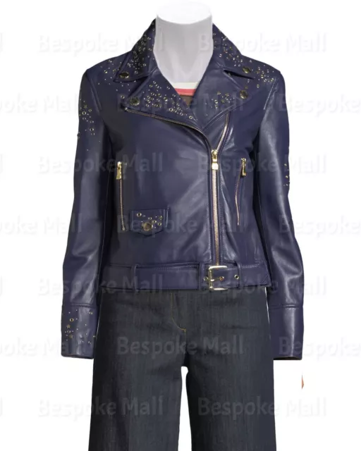 New Purple Color Biker Real Leather Jacket Golden Studs Brando Style Women-201