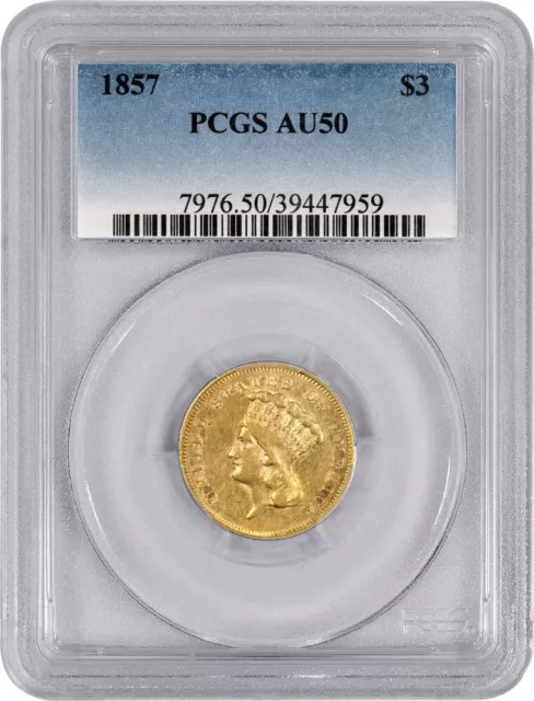 1857 $3 Indian Princess Head Three Dollar Gold PCGS AU50 About Uncirculated Coin