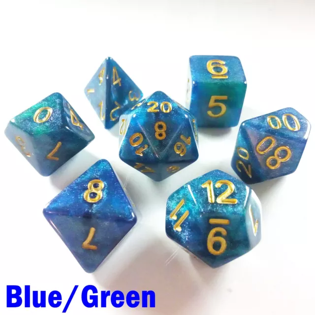 HD Universe Poly 7 Dice RPG Set Blue Green Galaxy Pathfinder 5e Dungeons Dragons