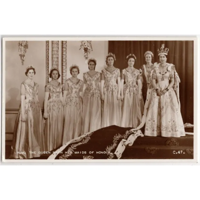 Queen Elizabeth with Maids of Honour Coronation 1953 RP Postcard, Unused