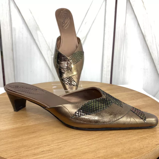 Chico’s Samantha Metallic Leather Mules Womens 7.5 Patchwork Bronze Embossed