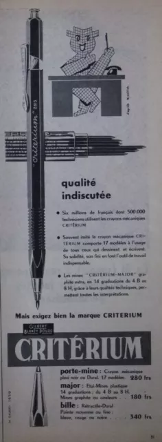Publicité 1958 Criterium Porte Mine Qualité Indiscutée - Advertising