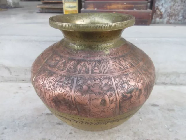 Antique Old Rare Brass Copper Hand Engraving Pot Worship Holy Jangajal Water Pot 2