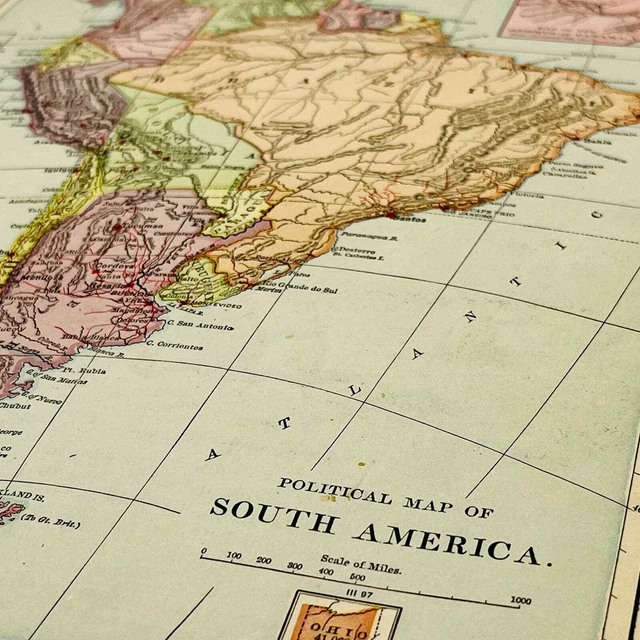 1896 HARPER’S SCHOOL Geography Political Map of SOUTH AMERICA Color ...
