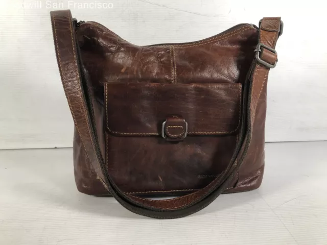 Jack Georges Womens Brown Leather Pockets Adjustable Strap Medium Shoulder Bag